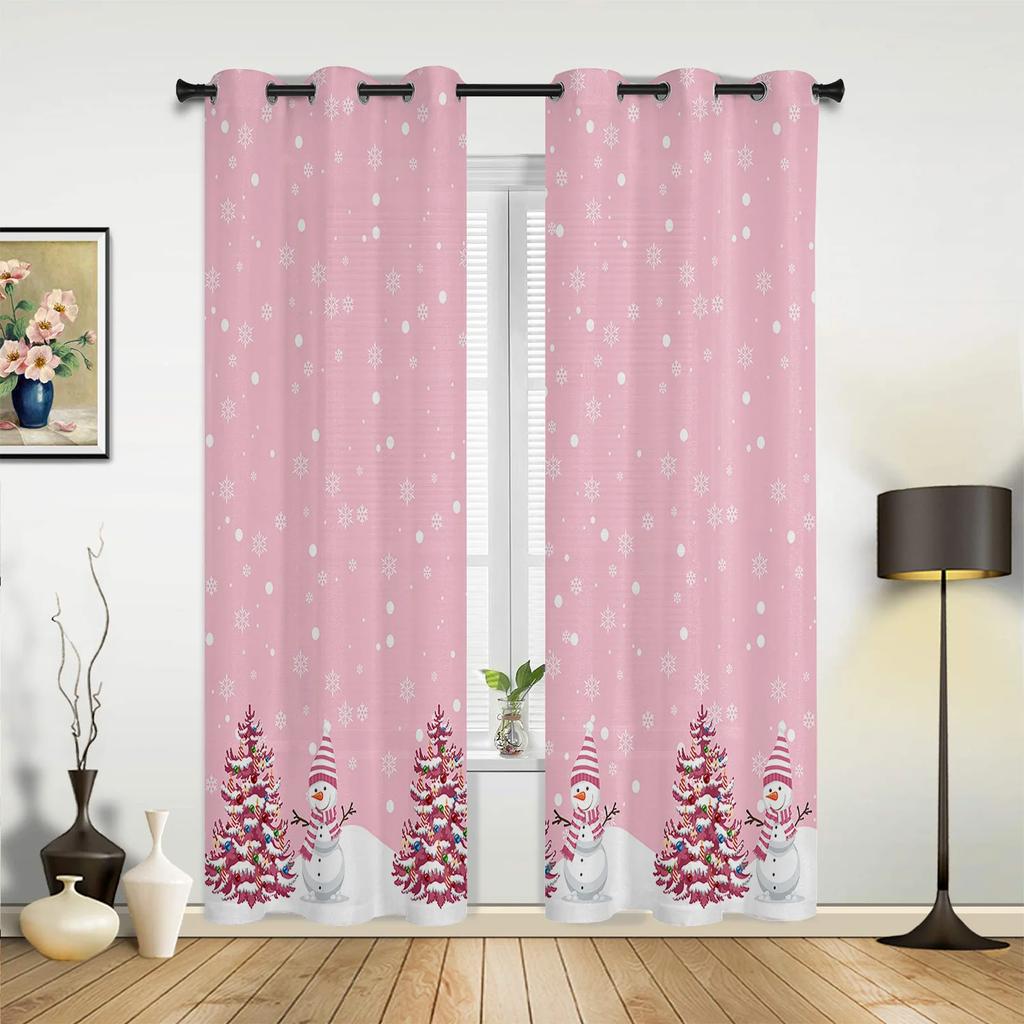 Christmas Tree Snowman Snowflake Pink Window Curtains Decor For Home Bedroom Kitchen Living Room Ornament Xmas Gifts Navidad