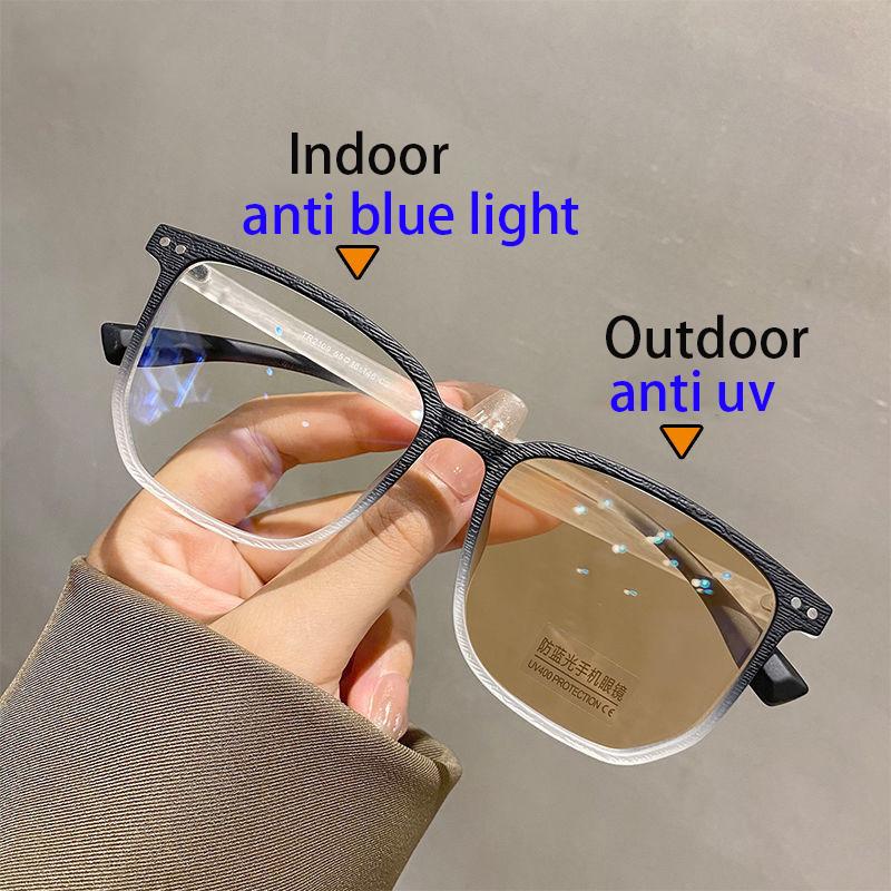 Trendy Blue Light Blocking Women Myopia Photochromic Eyeglasses Square Frame Color Changing UV400 Prescription Eyewear 0To -6.0