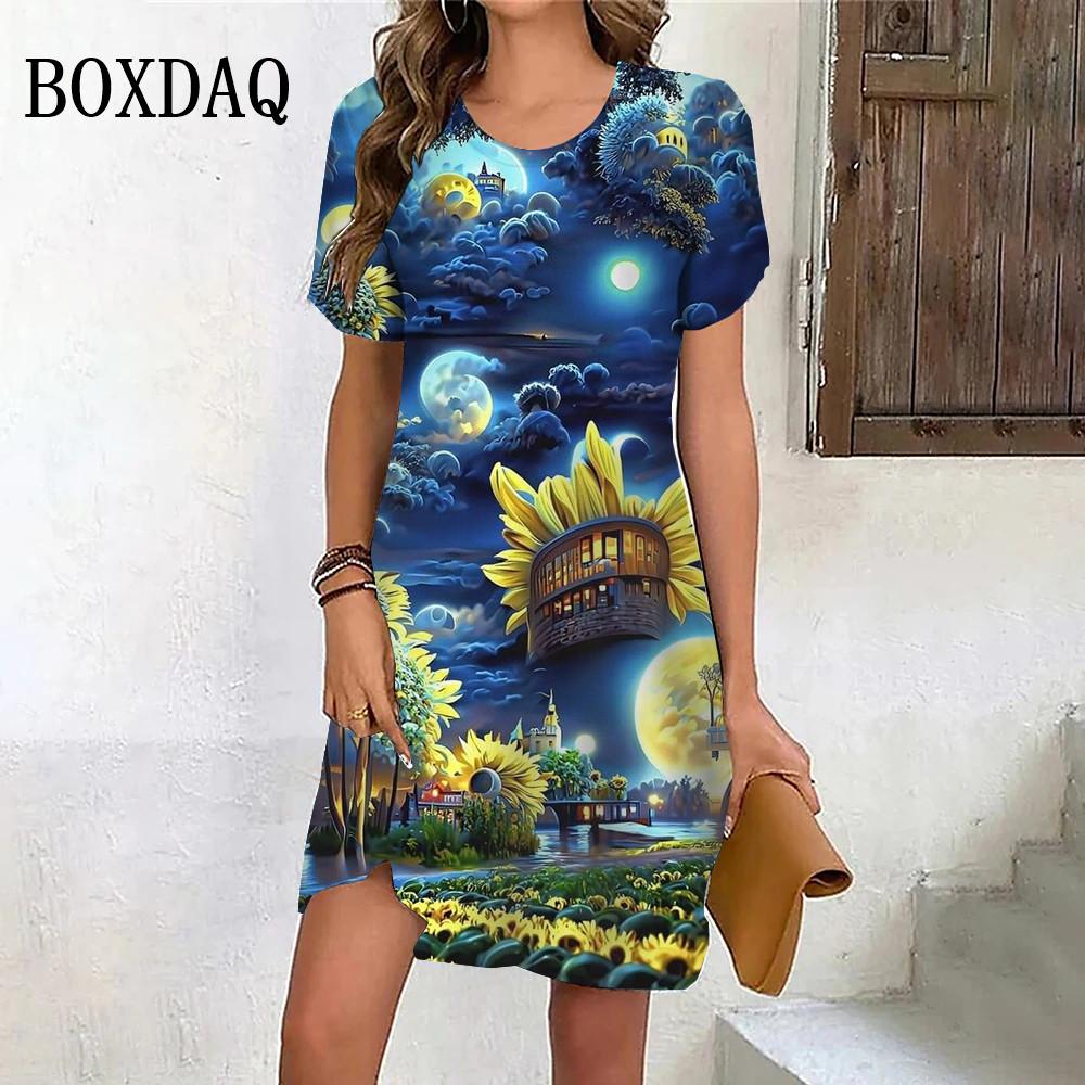 Летнее пляжное вечернее платье для женщин с принтом в виде роз в стиле тай-дай, повседневное платье с коротким рукавом и круглым вырезом, свободная женская одежда