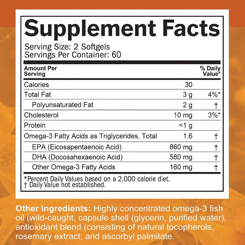 High Potency Omega 3 Fish Oil Dietary Supplement, 120 Softgels Per Bottle