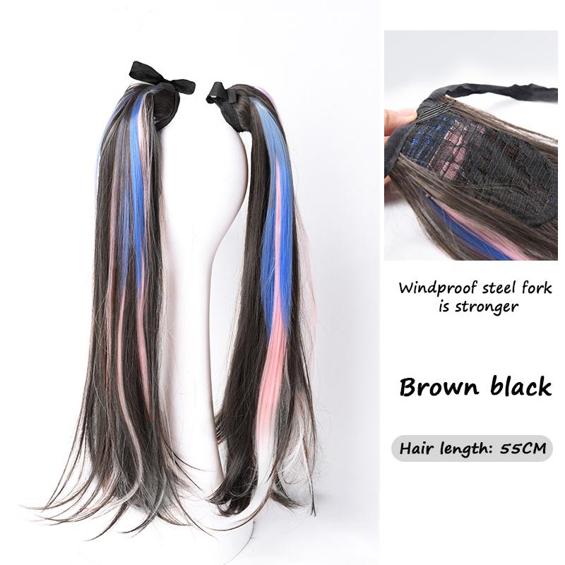 Длинные прямые волосы, завернутые в хвостик, термостойкий синтетический двойной хвостик, глянцевый парик