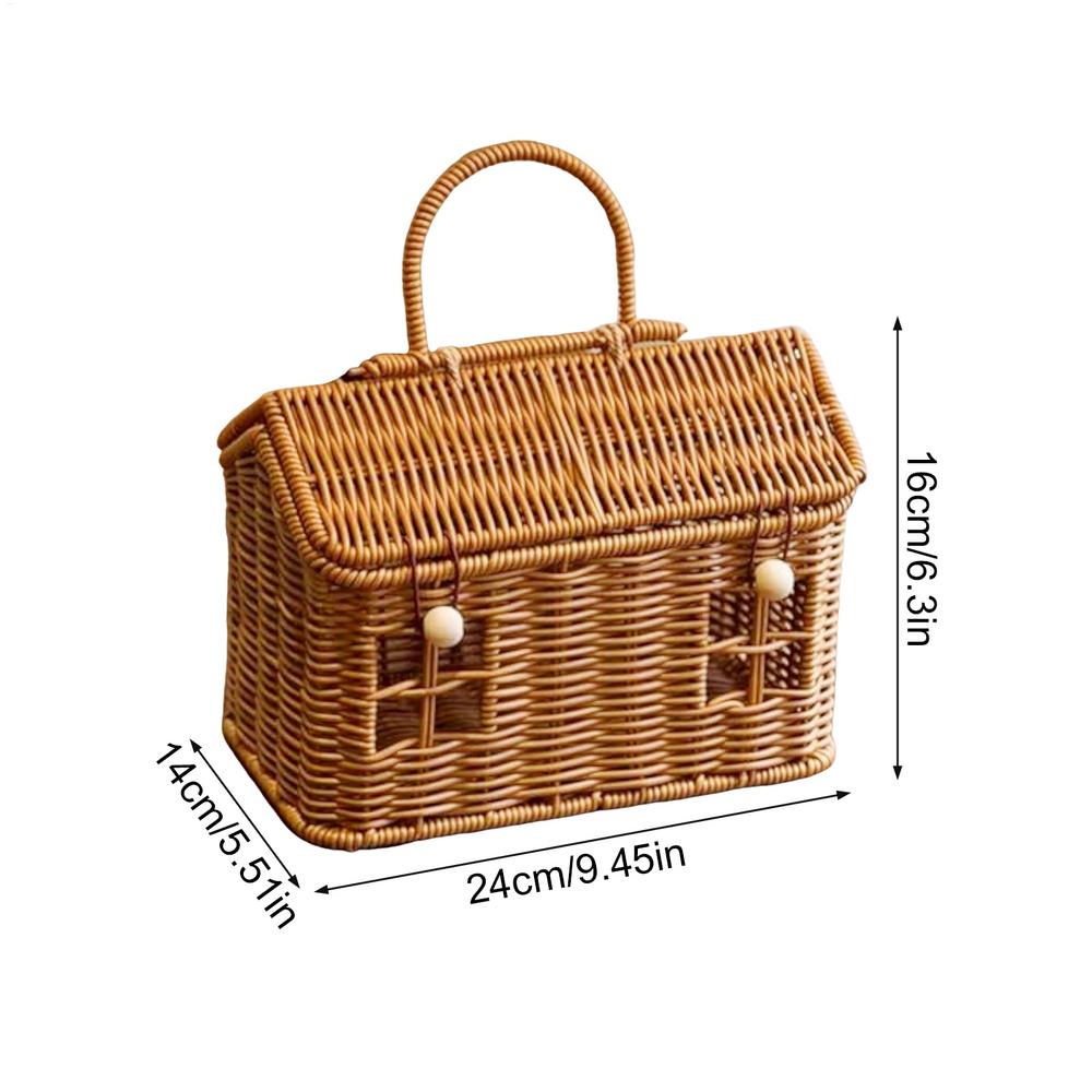 24x14x16см Корзина в форме домика из искусственного ротанга с крышкой и ручкой Декоративная Ручная плетеная Полочный органайзер Домашний декор Корзины для хранения