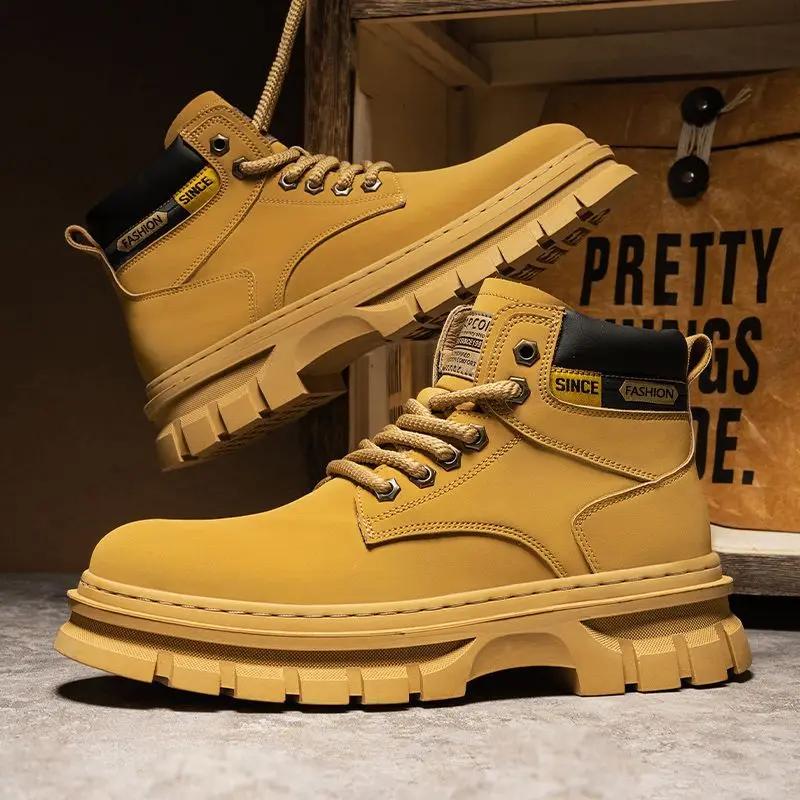 Fashion Men's Leather Boots Brand Retro Platform Sneakers Comfortable Boots for Men High Top Non Slip Shoes Business Work Shoes