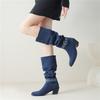 Women Knee High Long Boots Round Toe Block High Heels Buckle Gogo Boots Ladies Fashion Shoes Autumn Winter Beige 43