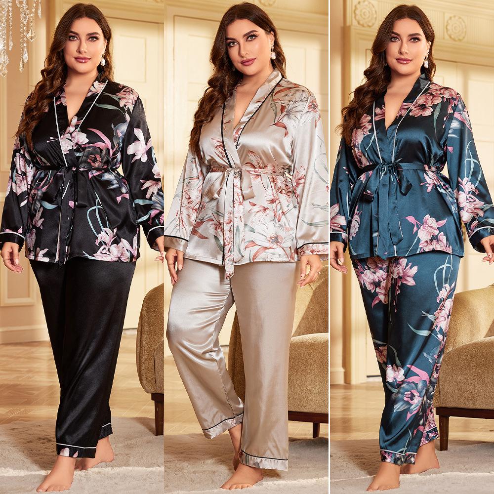 Women's Plus Size Pajama Set Silk Feel Satin Pajamas Kimono Loungewear Short Sleeve Pajama 2 Piece Sleeping Suits (Size for 1XL-5XL)