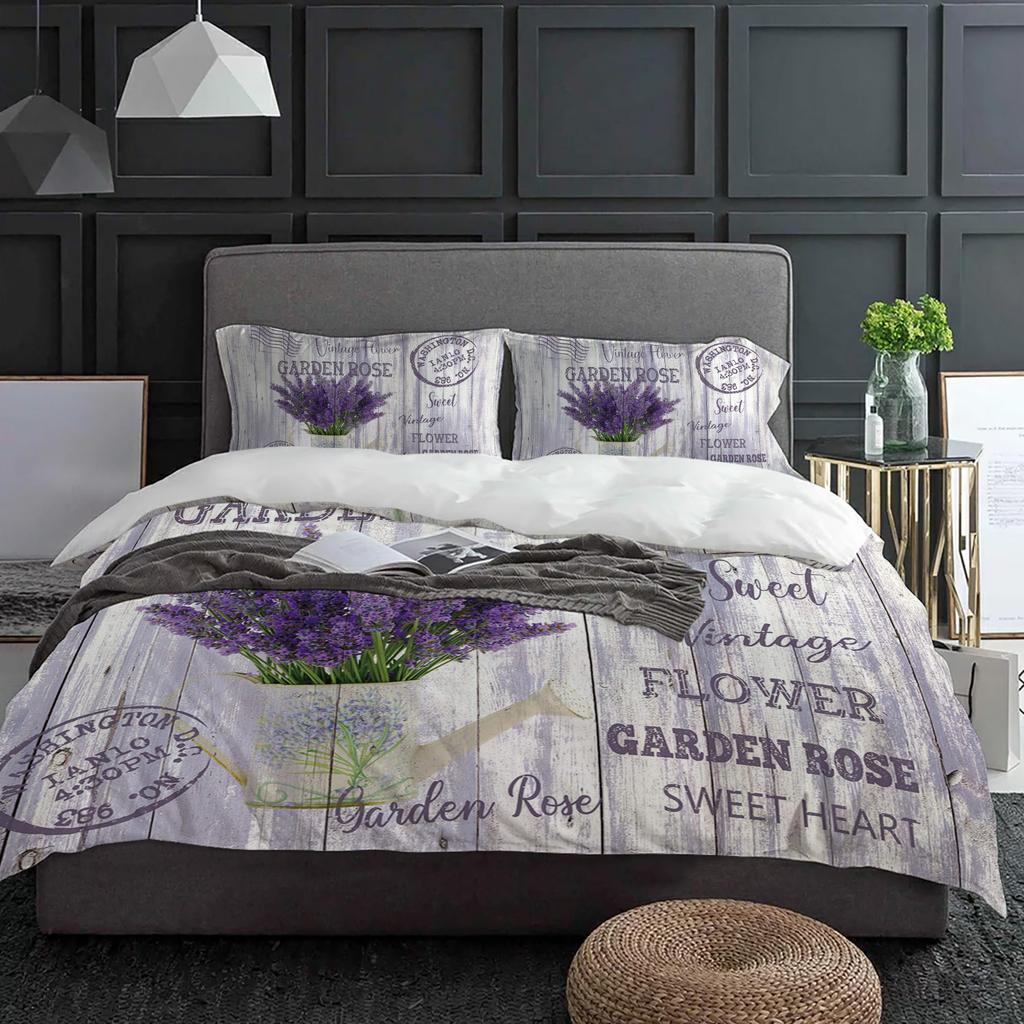 Flower Lavender Kettle Vintage Postcard Wood Duvet Cover With Pillow Case 3pcs Bedding Set Quilt Cover Double Bed Home Textile