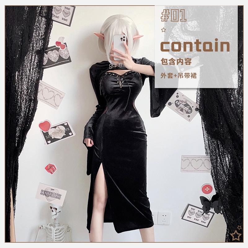 Wind Dark Goth Halloween Costume Black Dress Long Dress Witch Vampire Bride Outfit