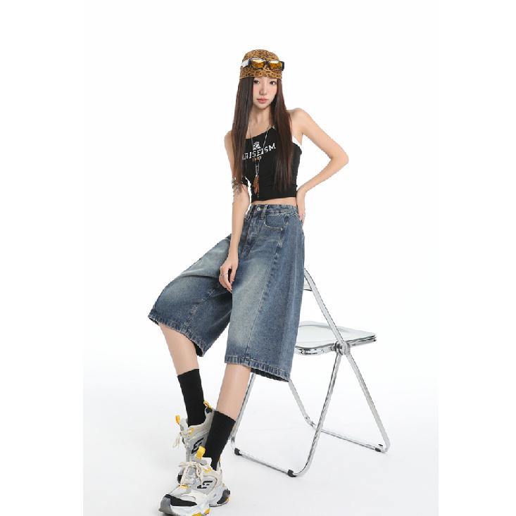 Уличный винтаж Y2K, заниженная талия, косые карманы, вареный, эффект кошачьих усов, широкие джинсовые шорты-бермуды