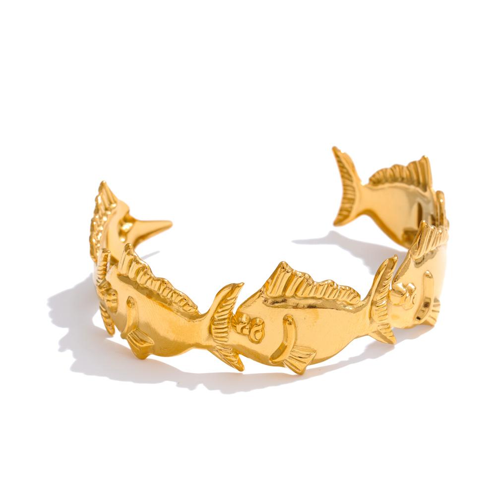 Eetit Регулируемый металлический браслет-манжета в виде рыбы акулы с 18-каратным PVD-покрытием, летний браслет из нержавеющей стали, золотой, для пляжного отдыха