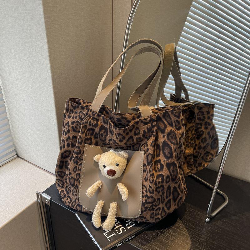 Винтажная леопардовая сумка-тоут большой емкости с принтом медведя через плечо для женщин