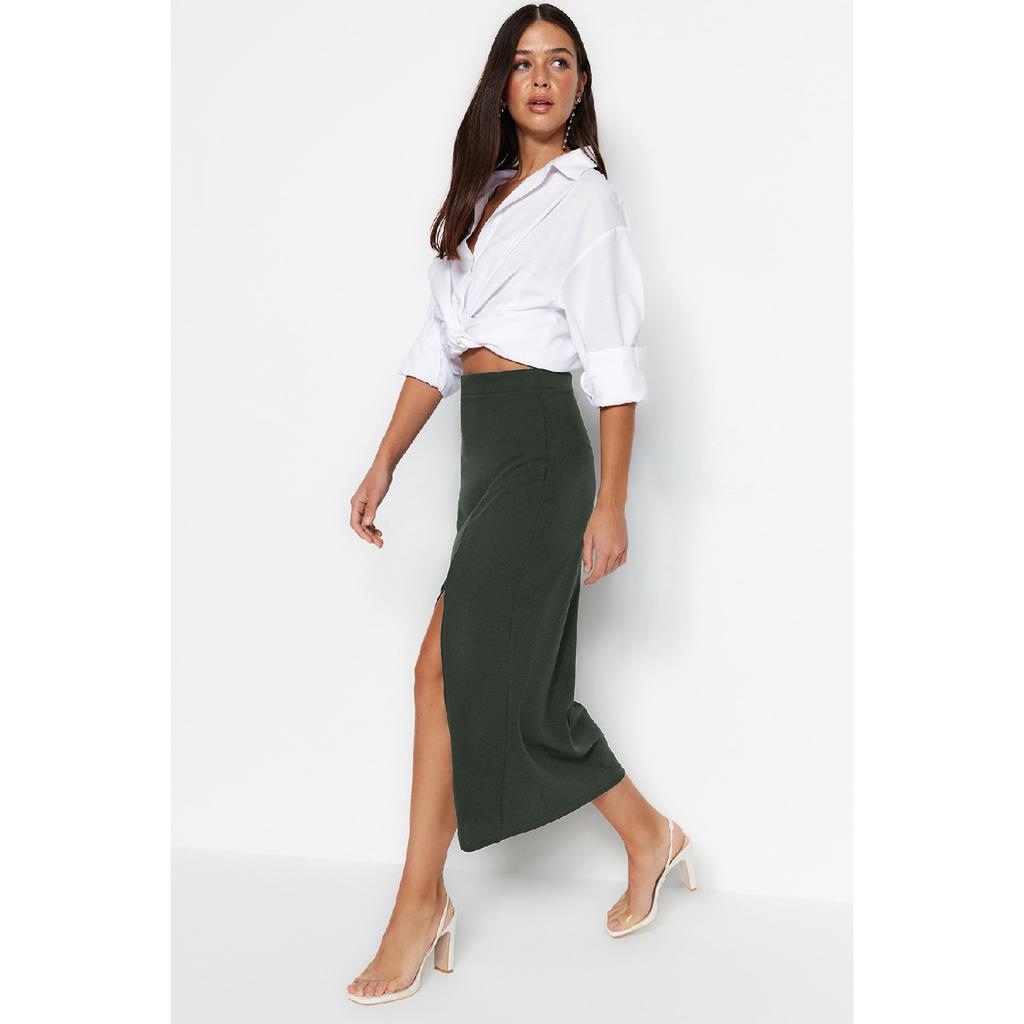 Black Smart Crepe Slit Detailed Maxi High Waist Stretchy Knitted Skirt Twoss23et00351