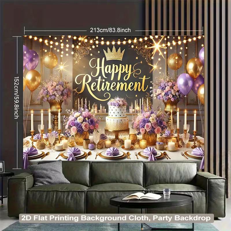 Elegant Retirement Backdrop, Sophisticated Black, Purple and Gold Party Scene with Crown, Lights and Balloons, Festive Luxury Wall Decor