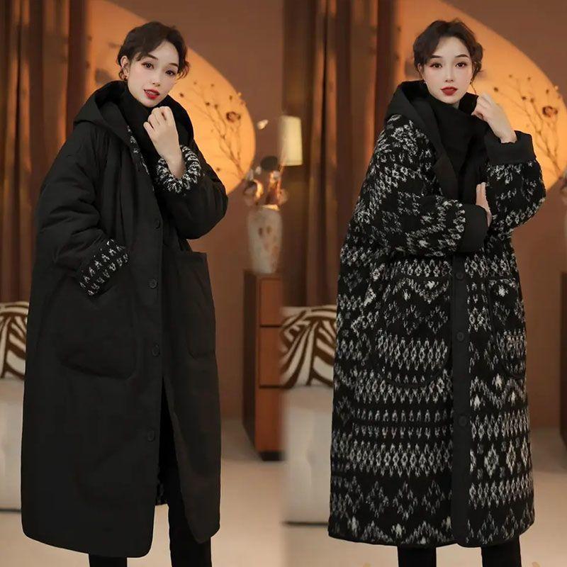 Женское двустороннее хлопковое стеганое пальто Fair Isle с капюшоном из шерпы, длинное, винтажное, теплое, двухстороннее