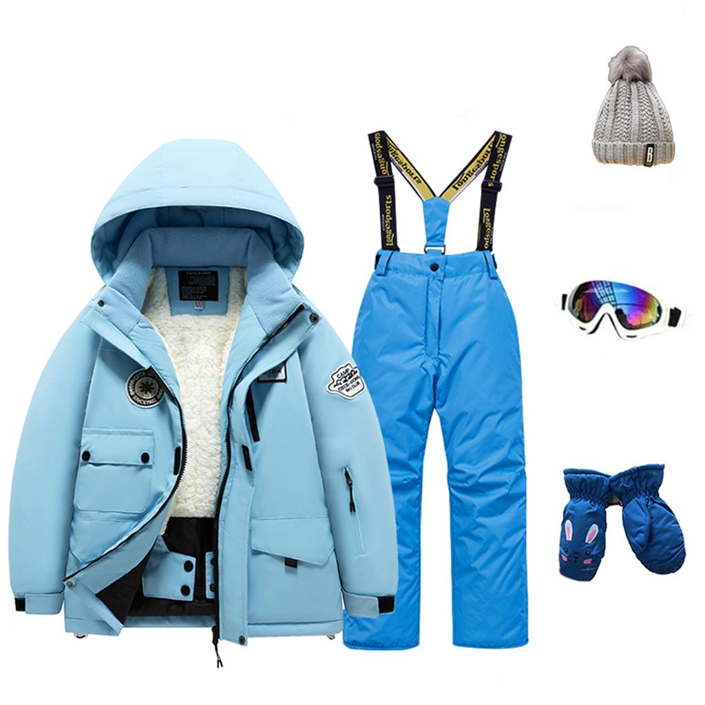 Детский модный лыжный комплект для мальчиков и девочек, утепленный, водонепроницаемый, термобелье, костюм из пяти предметов с курткой и брюками