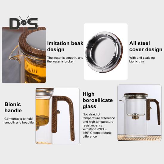 Стеклянный чайник с разделением воды, деревянная ручка, стеклянный чайник с заварочным устройством, носик без подтеков, чайник для заваривания чая