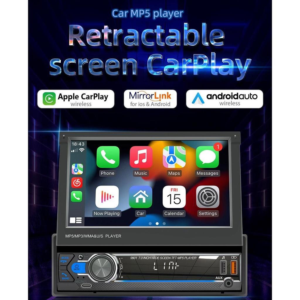 9901C 7-дюймовая беспроводная автомобильная стереосистема с Bluetooth 5.1, радио CarPlay и Android, автомобильное FM-радио, MP5-плеер