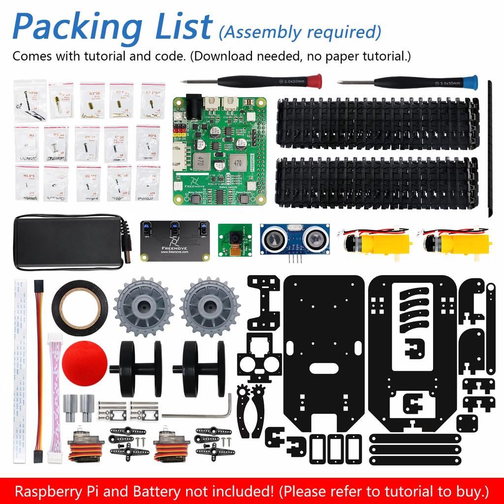 Freenove Tank Robot Kit for Raspberry Pi 5 4B Zero Crawler Object Ball Line Obstacle App Servo Pi Not 3B+ 2W, Chassis, Grasping, Tracking, Tracking,
