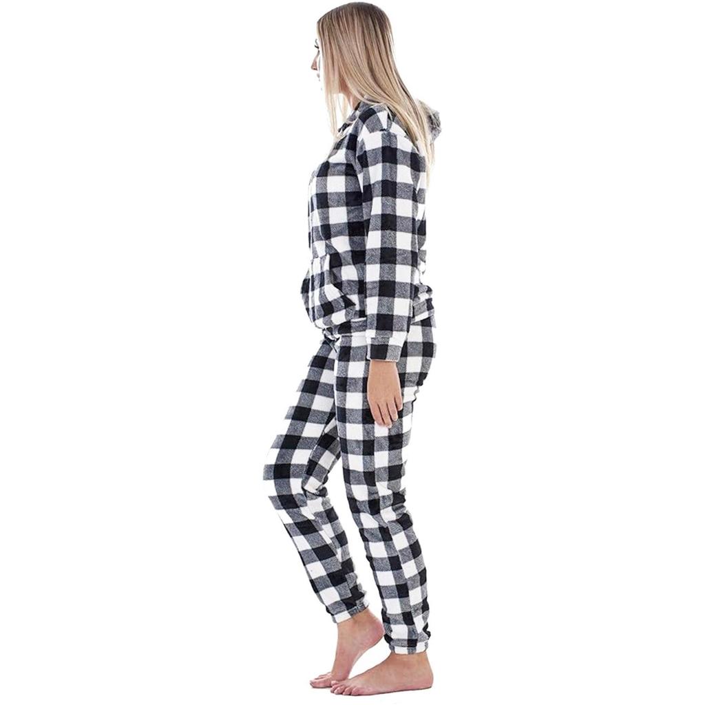 Keanu Womens/Ladies Checkered Fleece Hooded Long Pyjama Set