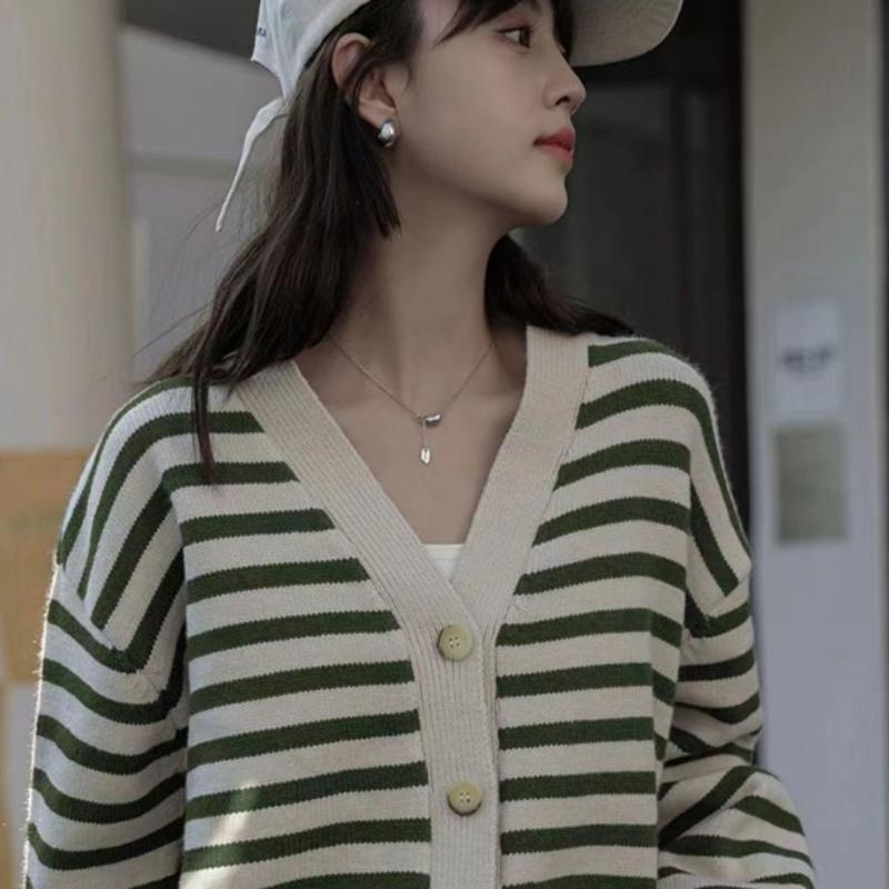 Cardigan Sweater Female 2022 Autumn New College Style Stripe V-Neck Knitwear Women Design Sense Korean