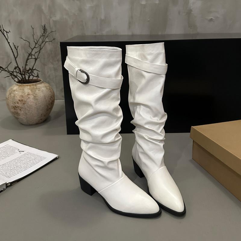 French pointed pleated stacking boots autumn and winter new long boots thick heel high boots thin versatile knight boots