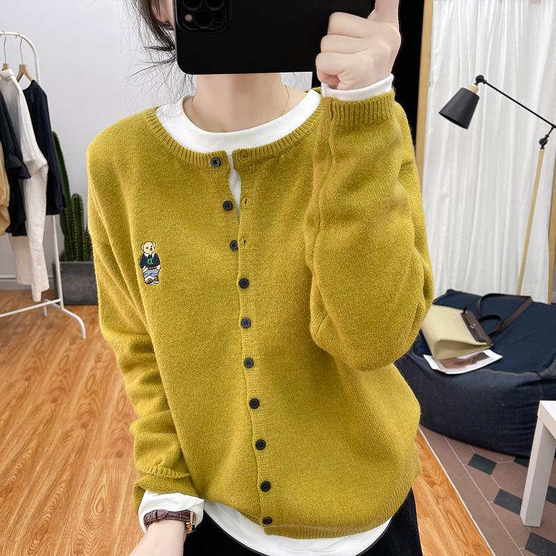 Женский изысканный кардиган с вышитым медведем - весна/осень, длинный рукав, круглая горловина, мягкий трикотажный свитер.