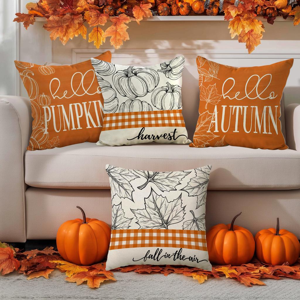 4Pcs Thanksgiving Pillow Cover, Autumn Harvest Decoration Pillow Cover, Maple Leaf Pumpkin Cushion Cover, Farmhouse Decoration