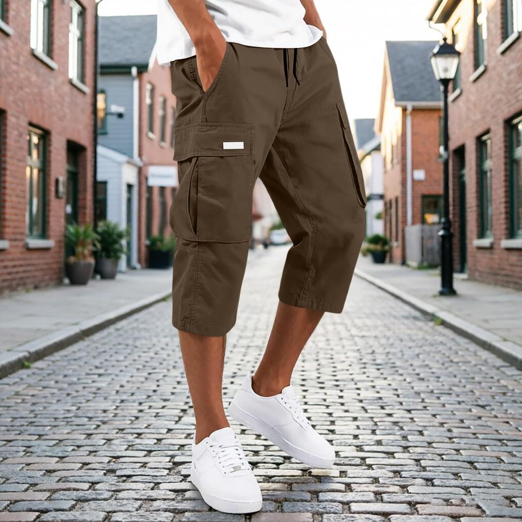 Men’s Drawstring Cargo Pants Multi Pocket Relaxed Fit Seven Quarter Length Casual Trousers for Daily Wear Outdoor Activities