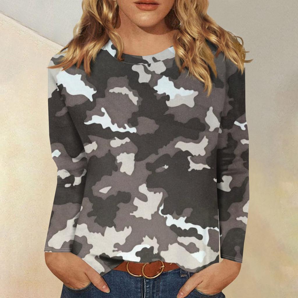 Женская модная повседневная футболка с длинным рукавом и круглым вырезом с камуфляжным принтом