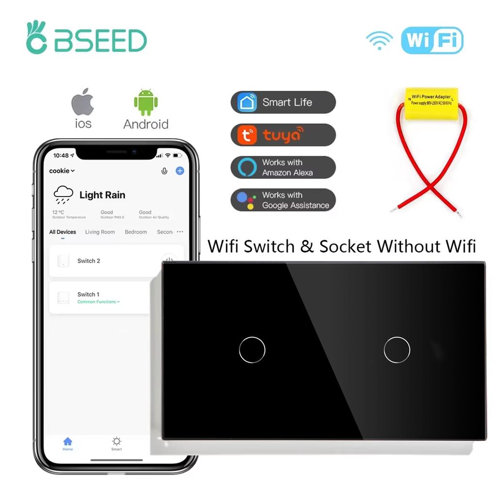 BSEED 1/2/3-клавишные Wifi сенсорные выключатели света Tuya Smart Life Приложение Alexa С розетками EU, портами питания USB, конденсатором в комплекте, черный
