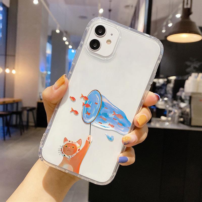 Милый Кавайный Кот Собака Наклейка Чехол для Телефона для iPhone 17 16 15 14 13 12 11 Pro Max Plus Корейский Стиль Ударопрочный Прозрачный Мягкий ТПУ Чехол