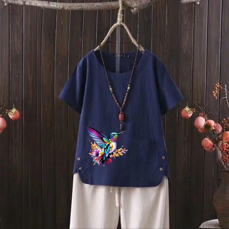 Animal Bird Print V-neck Cotton Hemp T-shirt for Women - 2025 Summer