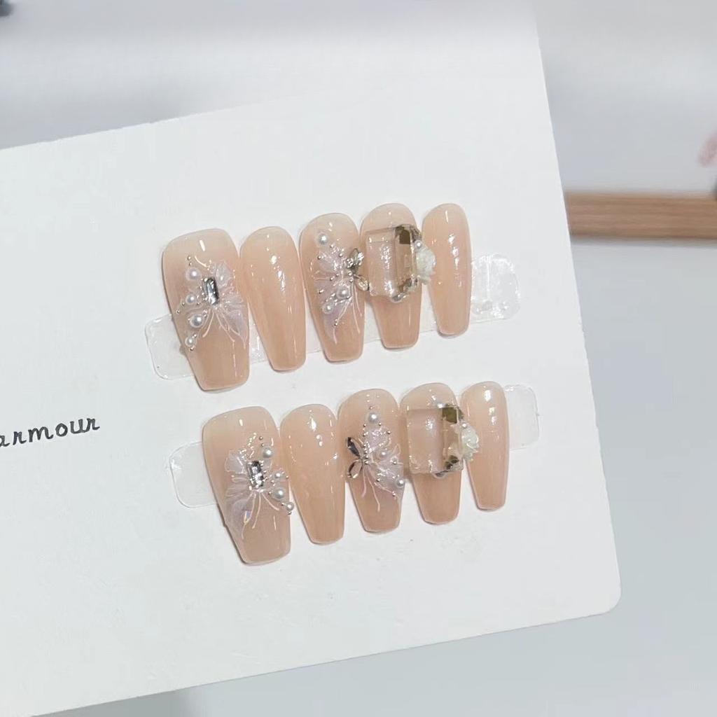Pure Desire Style Wear Armor High-end Atmosphere Nude Color Butterfly Manicure Finished Product Daily Nail Patch Fake Nail Can Be Detached