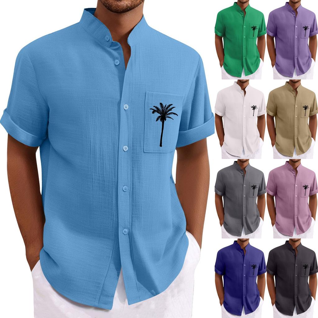 Men'S Casual Loose Fitting Short Sleeved Printed Shirt Fashion Standing Collar Top