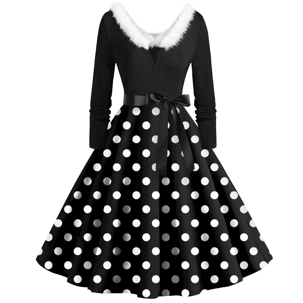 Women's Casual And Fashionable Long Sleeved V-neck Polka Dot Print Matching Zipper Dress