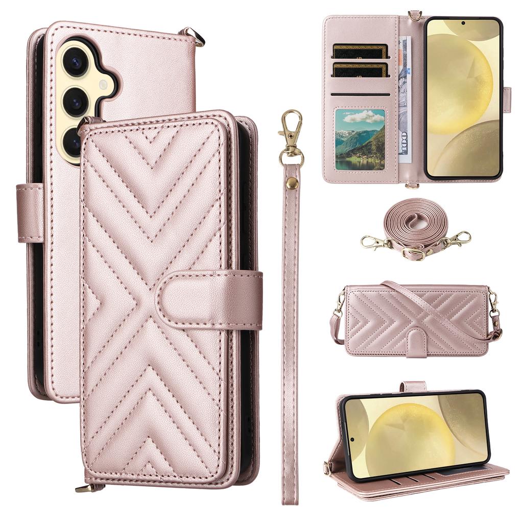 For Samsung Galaxy S24 Wallet Case with Shoulder/Wrist Strap Leather Phone Cover Stand