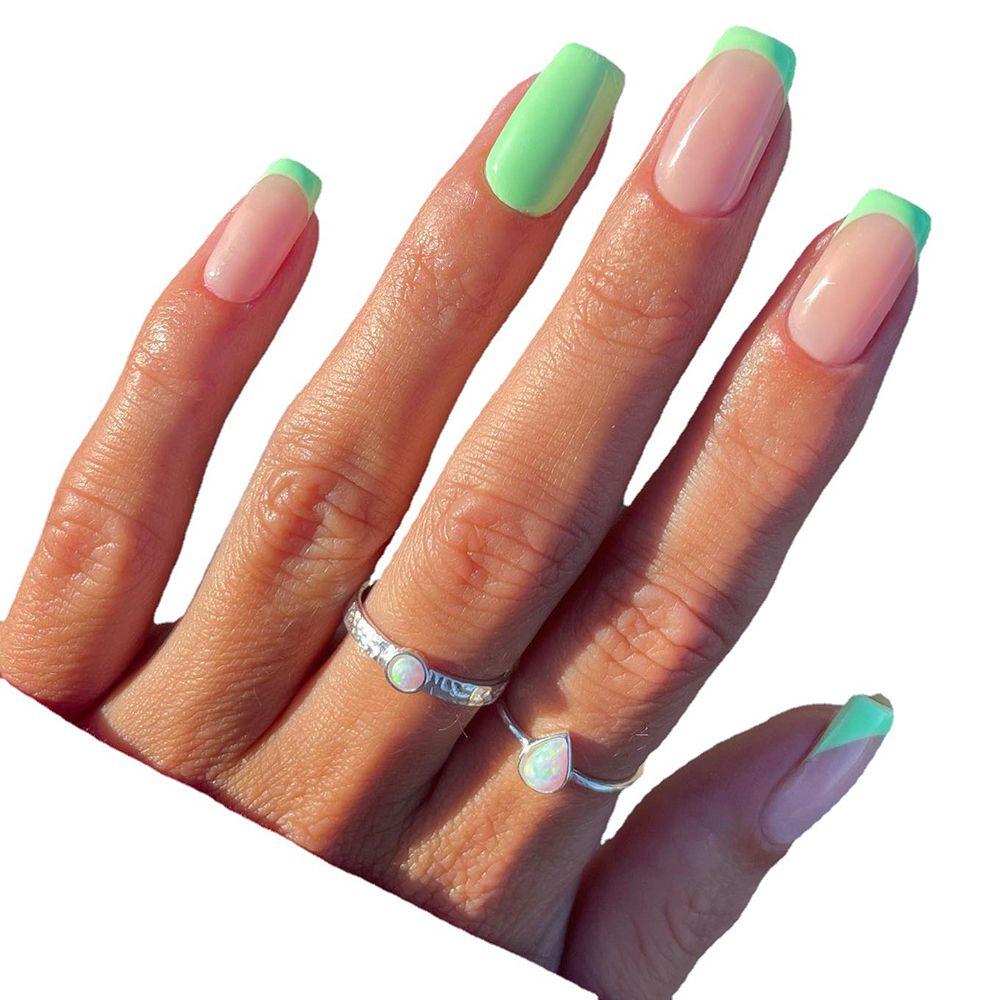 24pcs Nails Art French Blue Maple Leaves Glitter French Edge Fake Nails Full Cover False Nail