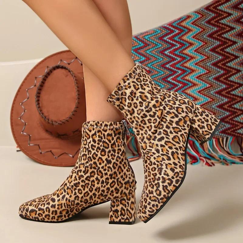 2024 New Women's Shoes Back Zipper Women's Boots Fashion Leopard Print Modern Boots Women Hot Sale Plus Size Ankle Boots Zapatos