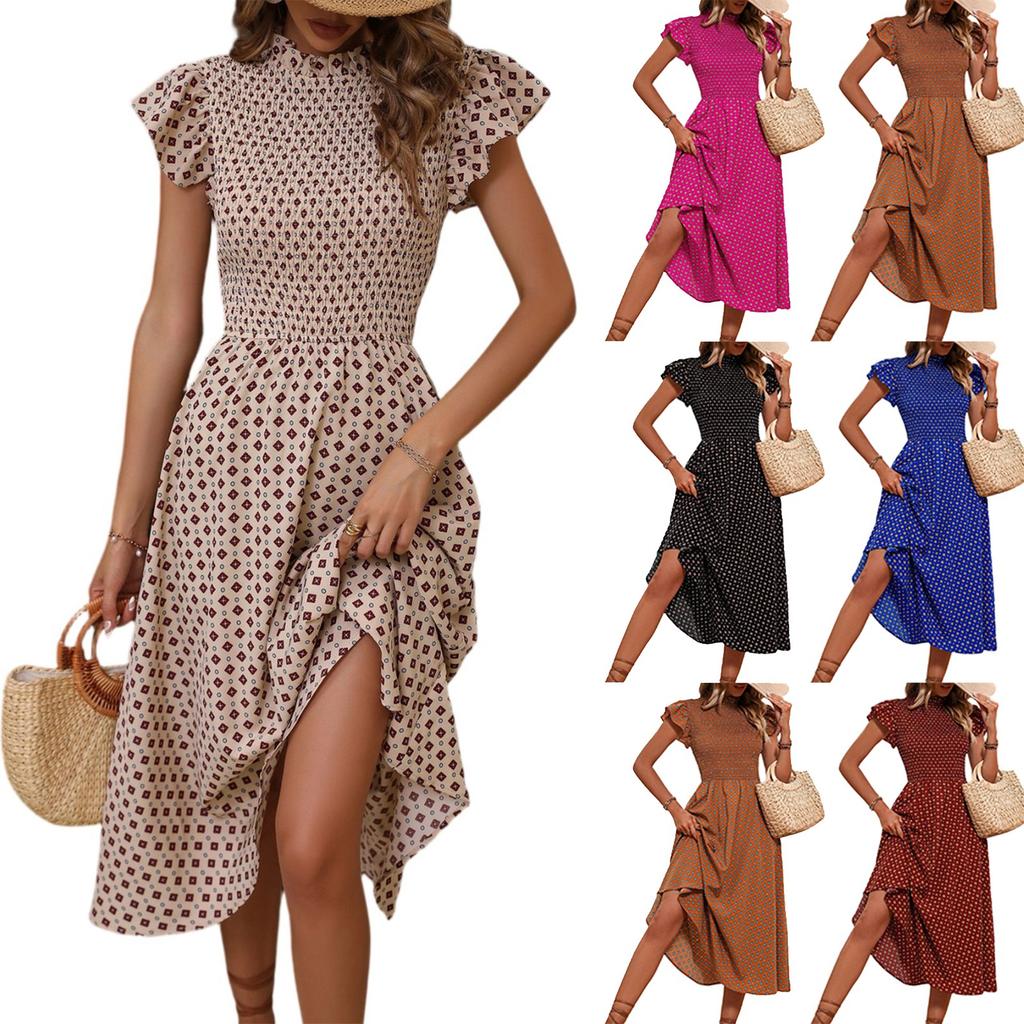 Ladies' Summer Polka Dot Round Neck Short Sleeved Long Dress Loose Comfortable Casual And Fashionable Dress