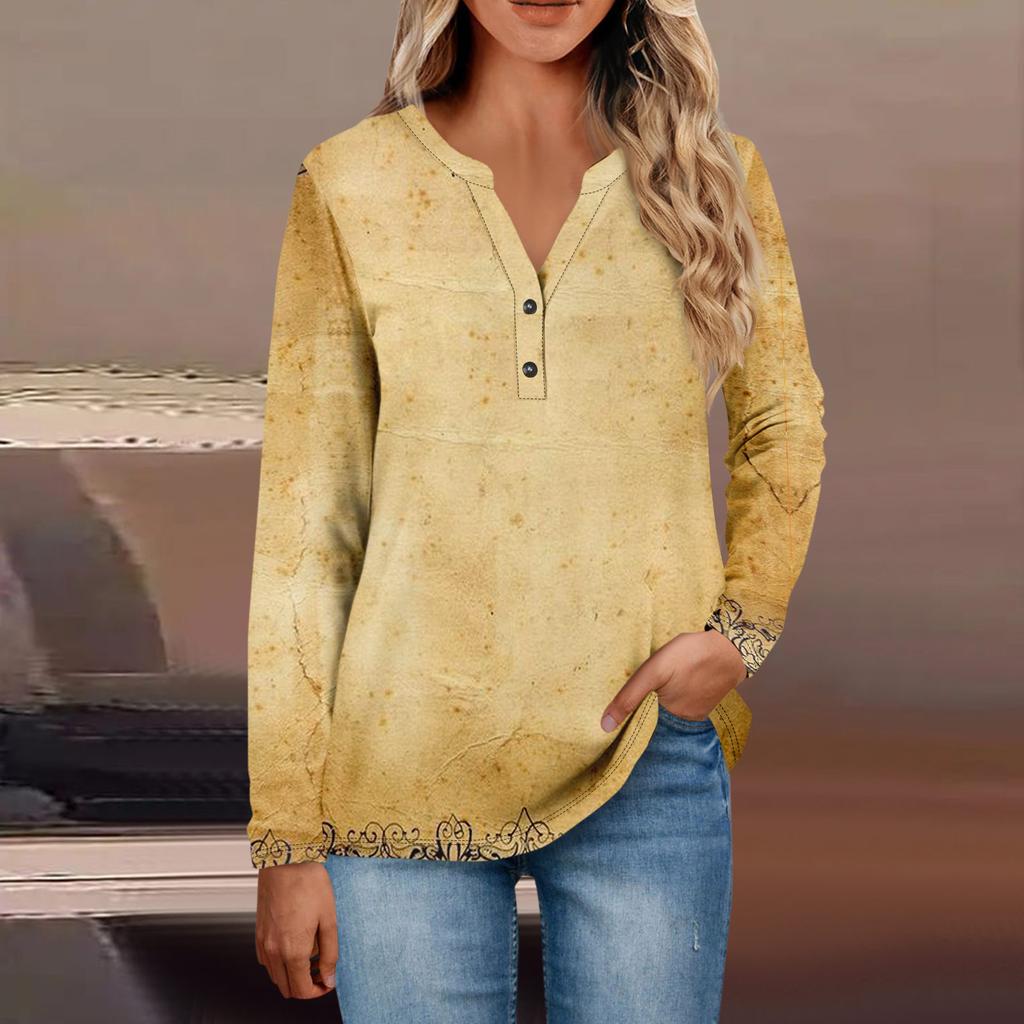 Women's Button Neck Tops Women's Casual Everyday Tops Long Sleeve V Neck Fashion Print Shirt Tops Pocket Tee Sweatshirts