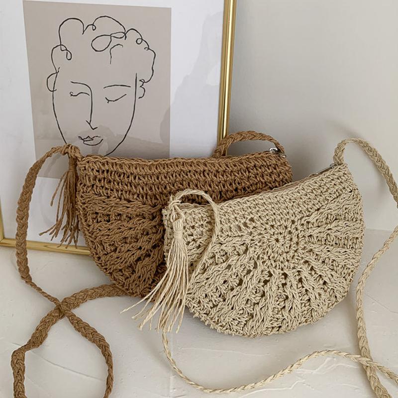 Yogodlns Тканые сумки через плечо в форме полумесяца, богемная соломенная сумка на плечо ручной работы, кошелек