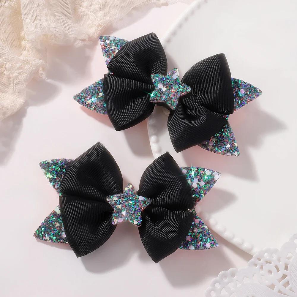 LOVEKIKI 2Pcs 4.33inch Star Glitter Bow Hair Clips for Girls Boutique Ribbon Dovetail Barrette Headwear Child Hair Accessories