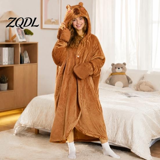 Oversized Blanket Hoodie Animal Wearable for Women, Flannel Sweatshirt Lightweight Velvet Gown Blanket, Button-Up Cosplay Cape Sleepwear Winter
