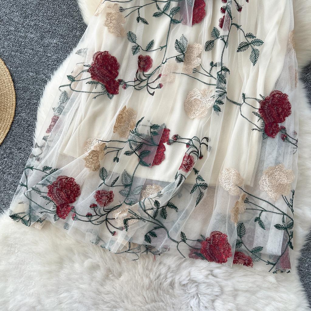 Summer Women Elegant Mesh Embroidery Flower Long Midi Tulle Skirt