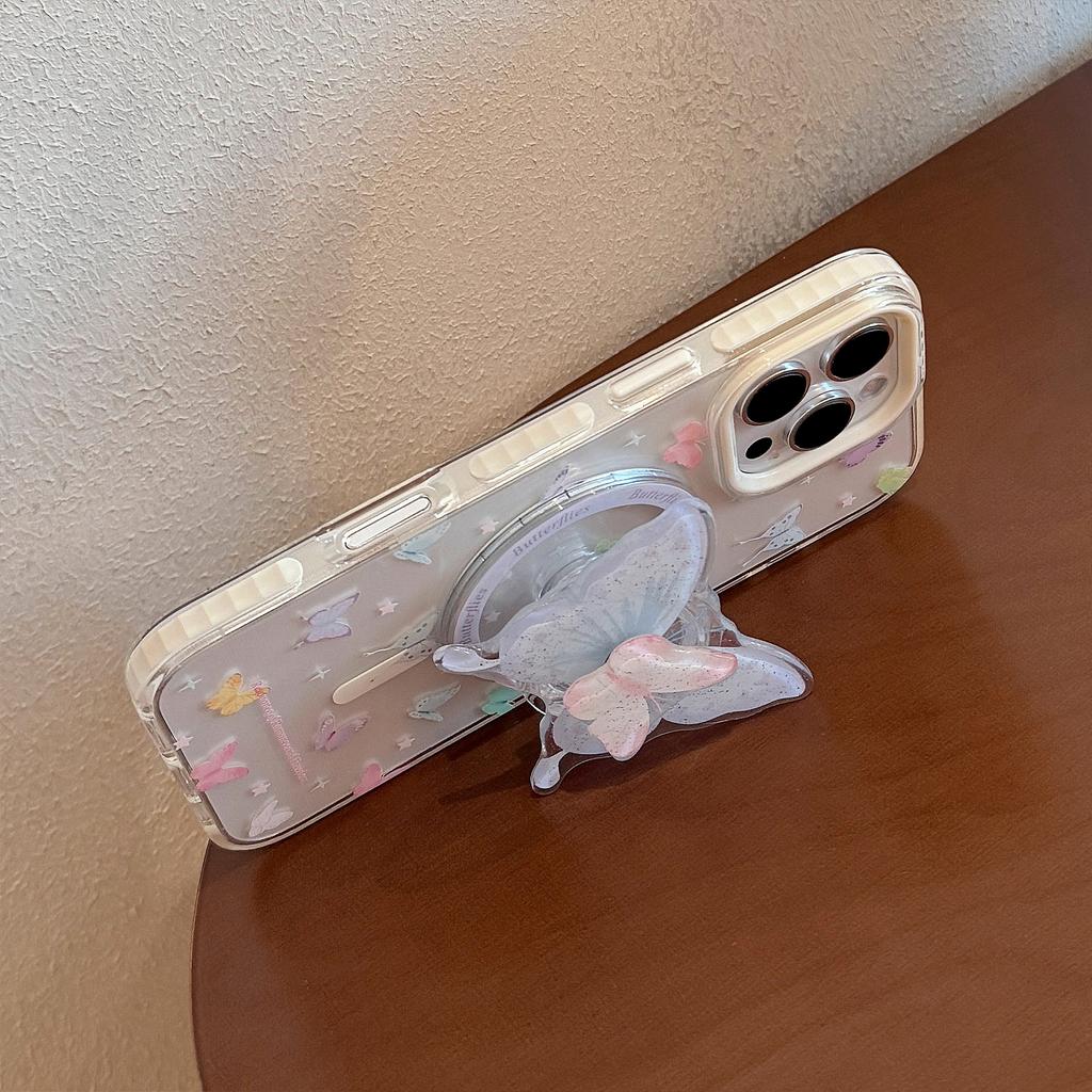 Свежий Красочный Бабочка 16promax Прозрачный Чехол для Мобильного Телефона iPhone 15 Подходит для 13 Вращающийся Магнитный Кронштейн