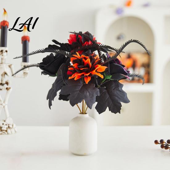 Fake Maple Leaf Decor Halloween Artificial Flower Fall Faux Sunflower Rose Bouquet with Black Maintenance Free Flowers Leaves Autumn Floral