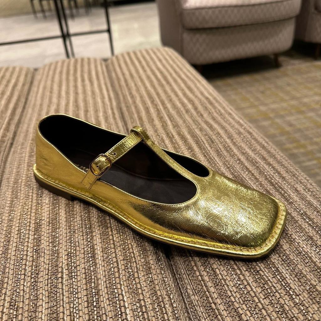 Sheepskin Version~ French Super Soft Leather Retro T-shaped Buckle with Square Head and Shallow Mouth Single Shoes Women's Flat Mary Jane Small Leat