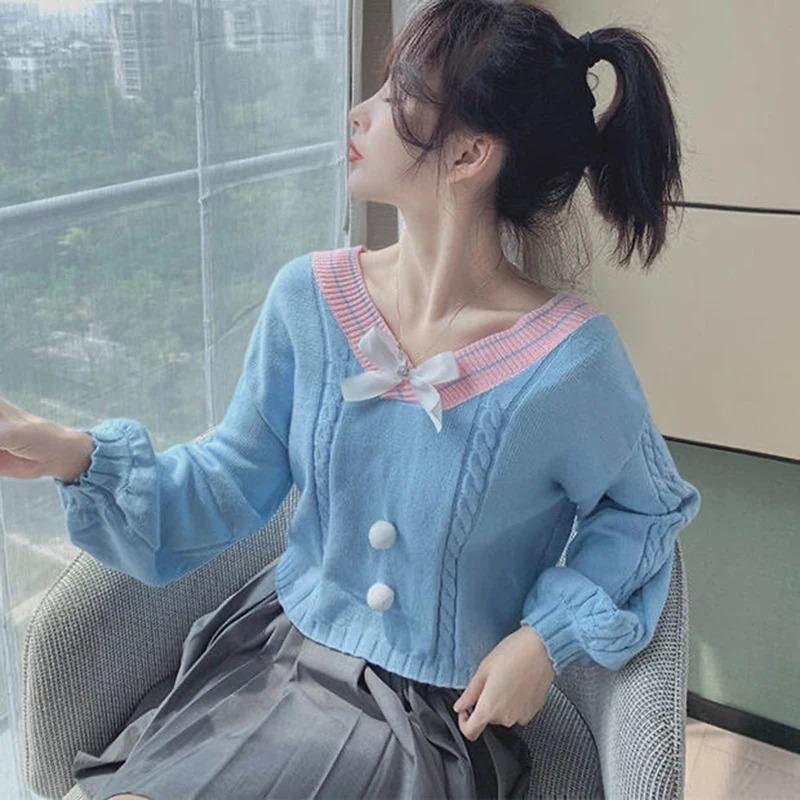 Women's Kawaii Short Knitted Sweater Sweet Candy-colored Bow V-neck Pullover Women's 2024 Spring Leisure Lantern Sleeve S