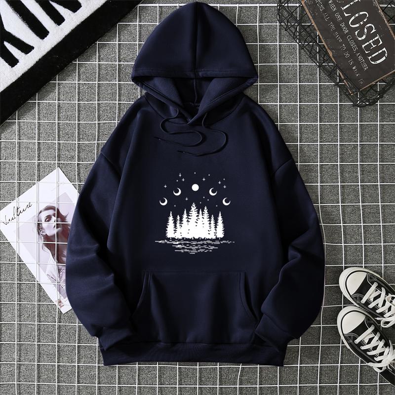 Hooded Dark Forest Print Letter Universe Faith Harajuku Hooded Women Hoodie O-neck Long Sleeve White Tops Female Clothing