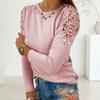 Женский весенний топ с вырезом из кружева с цветочной аппликацией, однотонная однотонная футболка с длинными рукавами и круглым вырезом, мягкая повседневная женская футболка больших размеров