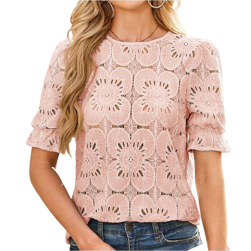 Женская модная повседневная рубашка с короткими рукавами и кружевом-пузырем